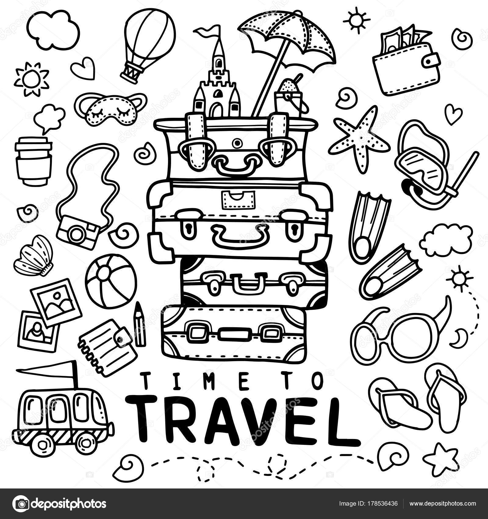 1600x1700 Set Hand Drawn Travel Doodle Vector Illustration Tourism Summer