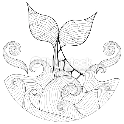 416x416 Whale Tail In Waves. Freehand Sketch For Adult Antistress Coloring
