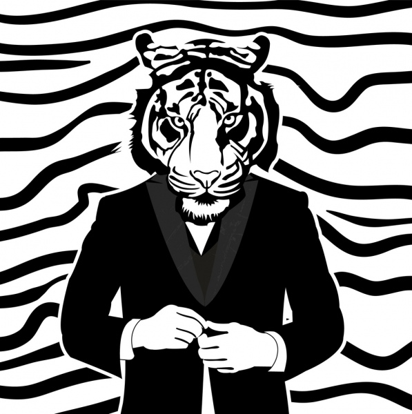 597x600 Human Tiger Drawing Black White Design Free Vector In Adobe