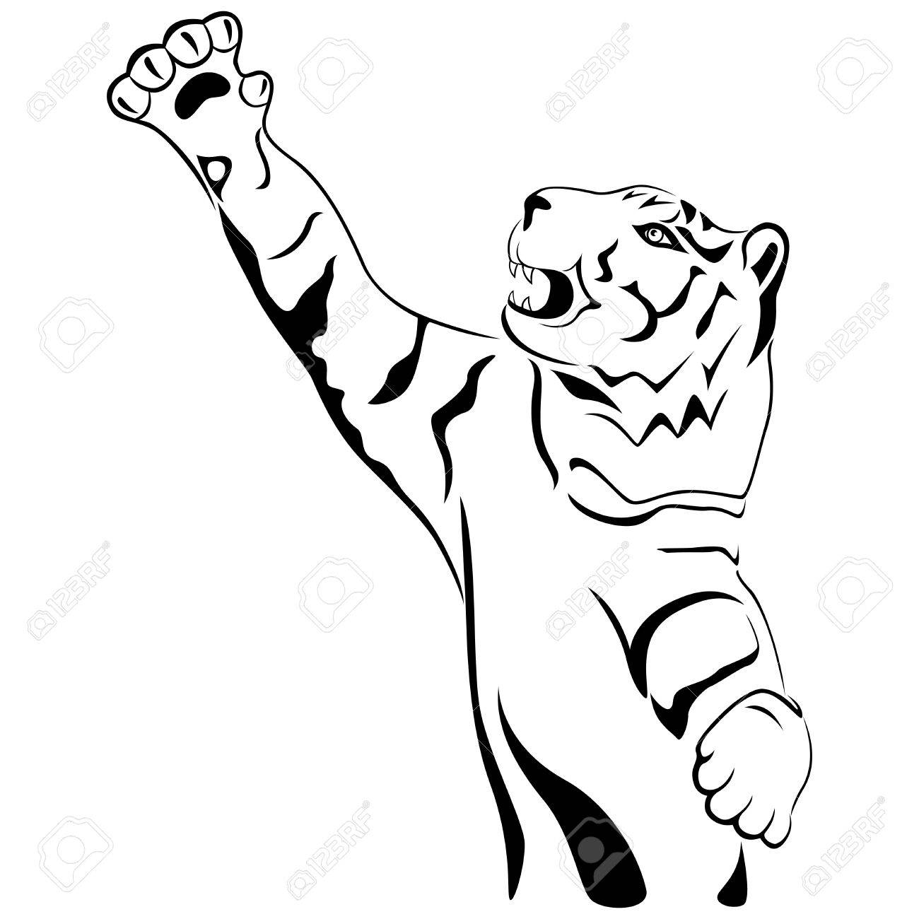 1300x1300 Adult Tiger With His Paw Held High Up, Hand Drawing Cartoon Vector