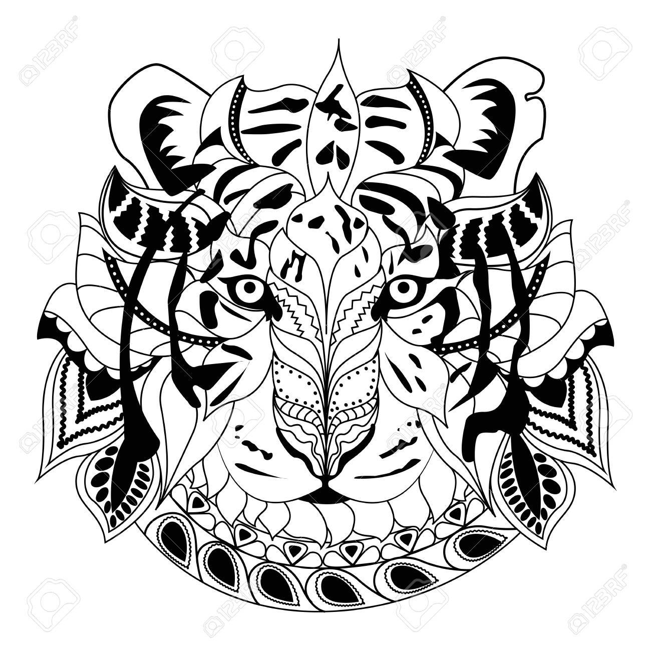 1300x1300 Line Art Hand Drawing Black Tiger Isolated On White Background