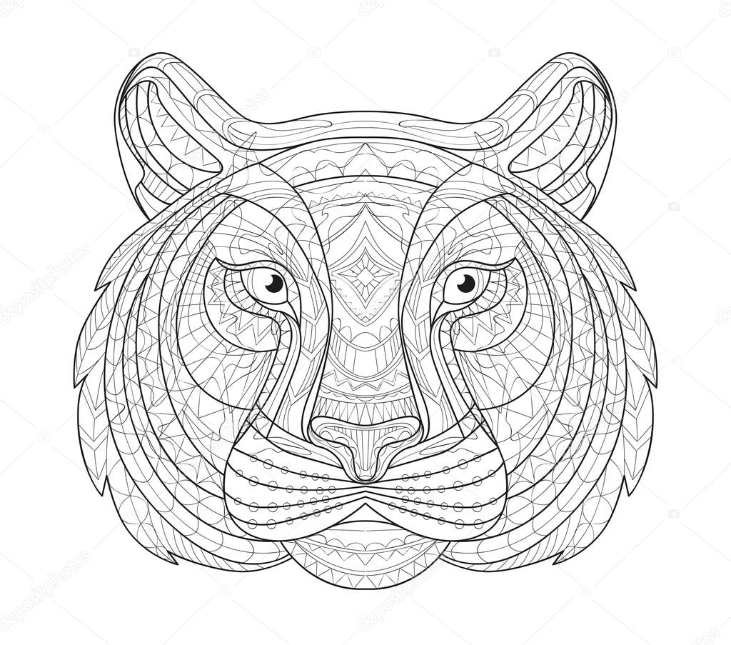 1024x903 Hand Drawn Doodle Outline Tiger Illustration. Decorative