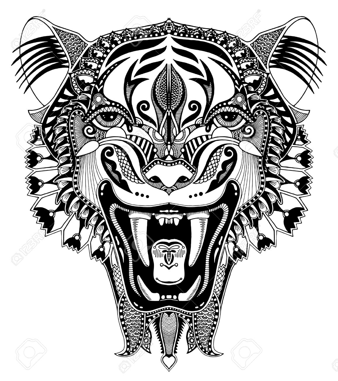 1155x1300 Original Black And White Head Tiger Drawing With The Opened Fall