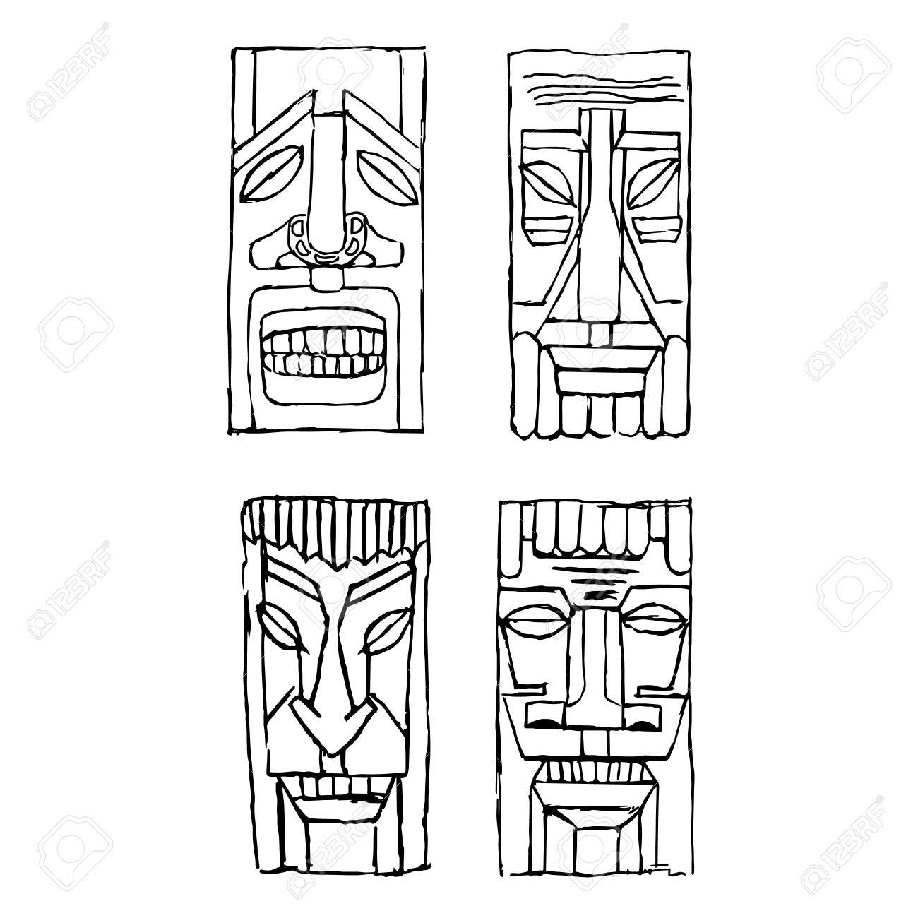 1300x1300 Vintage Carved Polynesian Tiki Totem Vector Idol Masks Sketch