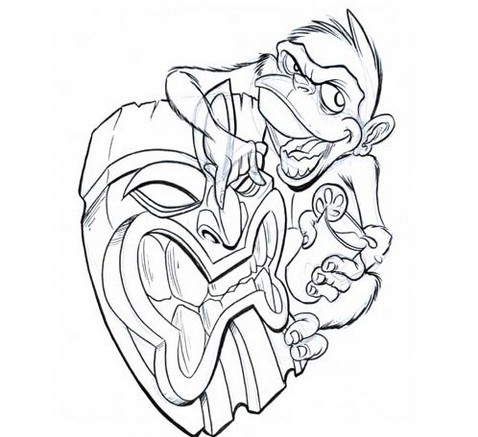 478x437 Collection Of Uncolored Tiki Mask Tattoo Sample