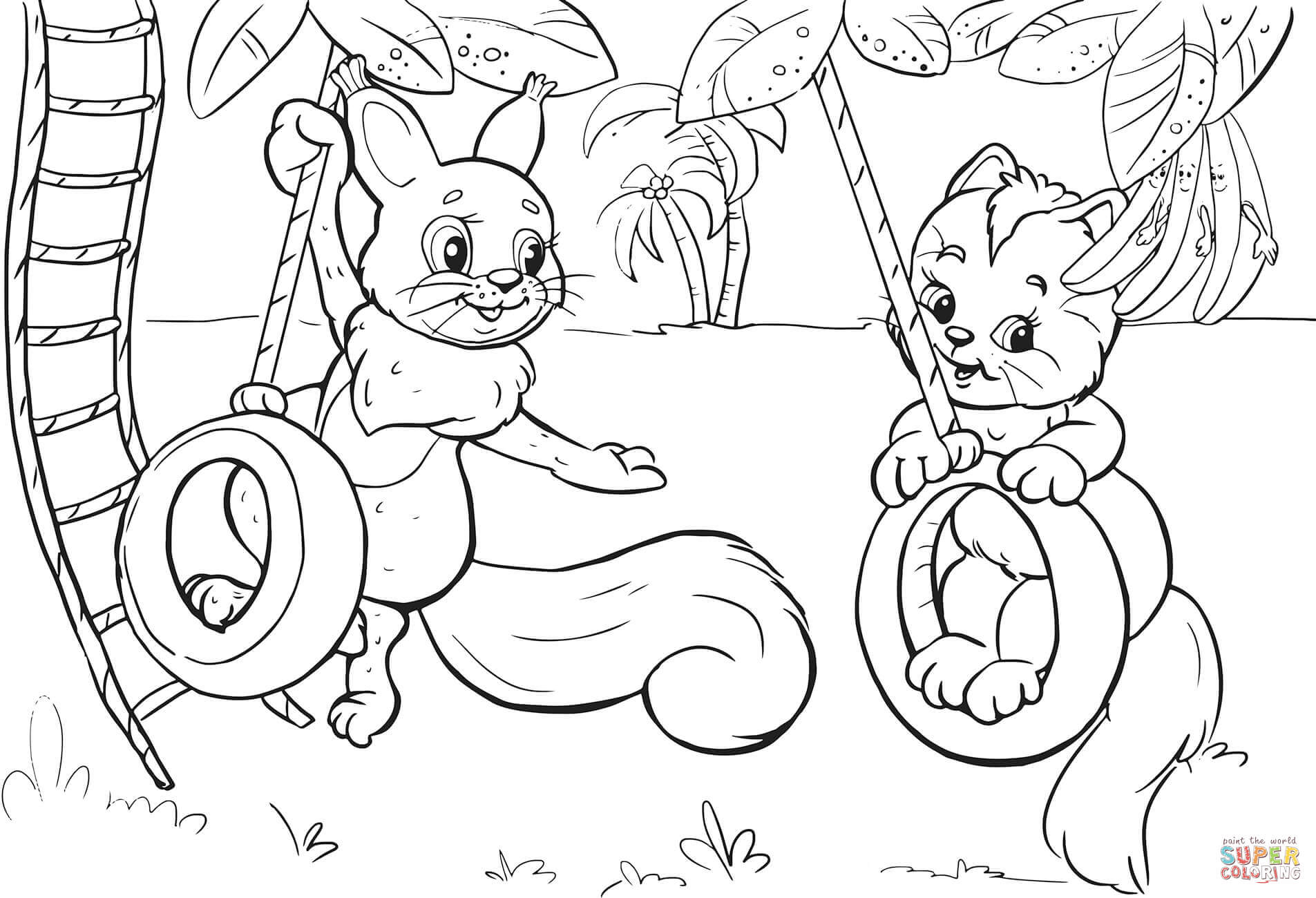 1905x1300 Squirrel And Cat Swinging On Tire Swing Coloring Page Free