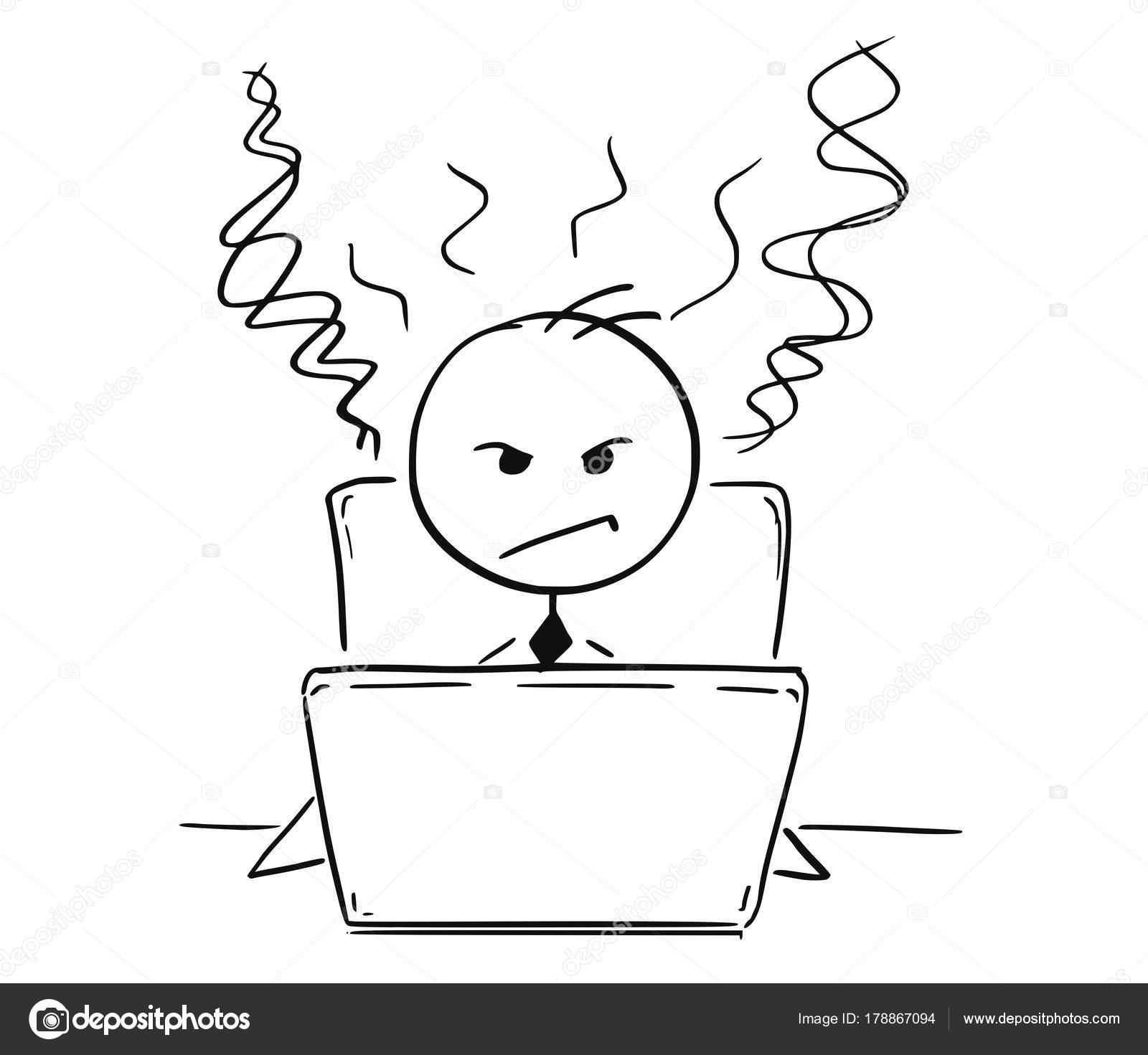 1600x1471 Conceptual Cartoon Of Tired Angry Business Man Working On Comput