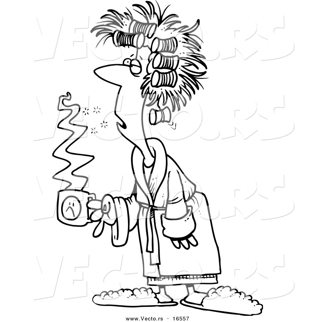 1024x1044 Vector Of A Cartoon Tired Girl With Bad Hair, Holding Coffee