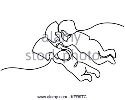 400x320 Continuous Line Drawing. Happy Toddler Girl Playing With Her