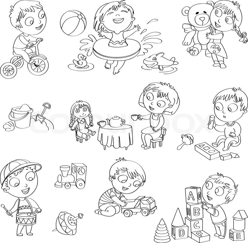 800x786 Children Play With Toys. Girl Swims In A Sea In An Red Life