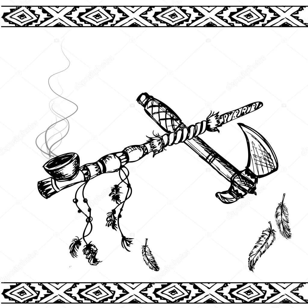 1024x1024 Traditional Native American Peace Pipe And Tomahawk Stock Vector