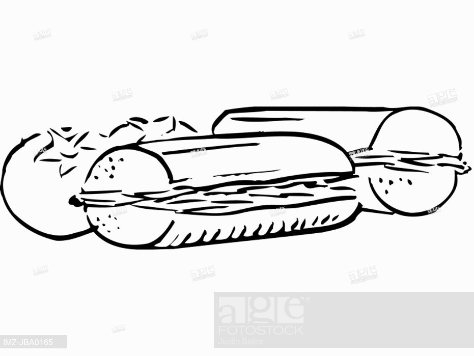 931x699 A Black And White Drawing Of Sub Sandwiches And Tomatoes, Stock