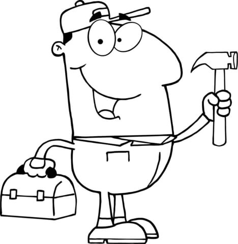 468x480 Construction Worker With Hammer And Tool Box Coloring Page Free