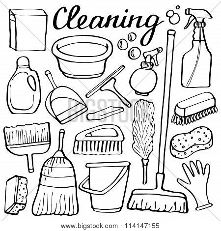 450x470 Cleaning Tools Set. Hand Drawn Vector Amp Photo Bigstock