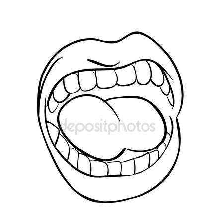 431x449 Shouting Lips With Teeth And Tongue Cartoon Outline Vector Symbo
