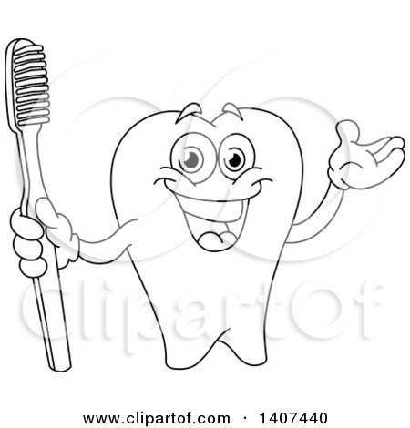 450x470 Clipart Of A Black And White Lineart Tooth Character Presenting