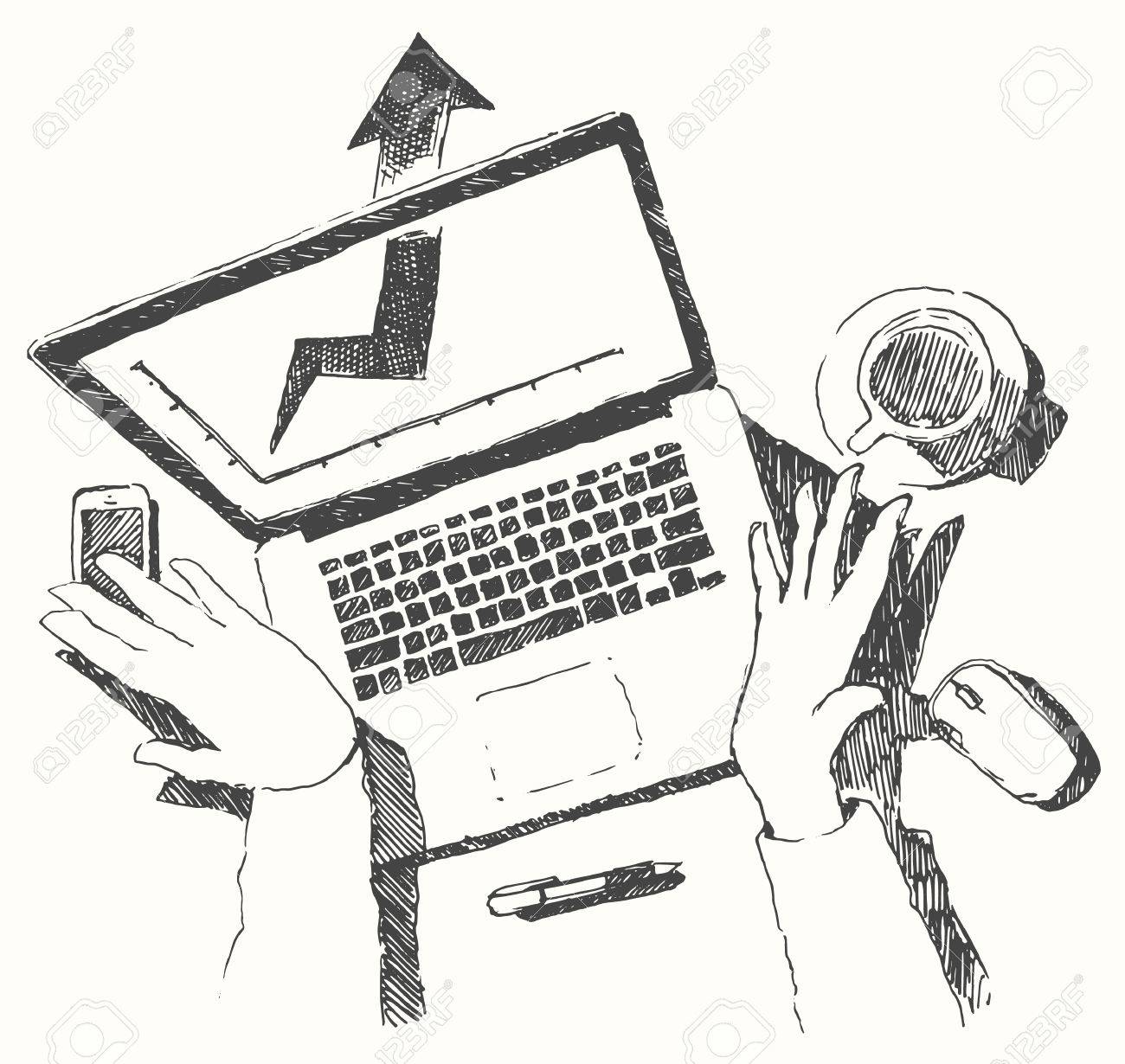 1300x1230 Sketch Of Hands With Computer Man Doing Office Work Top View