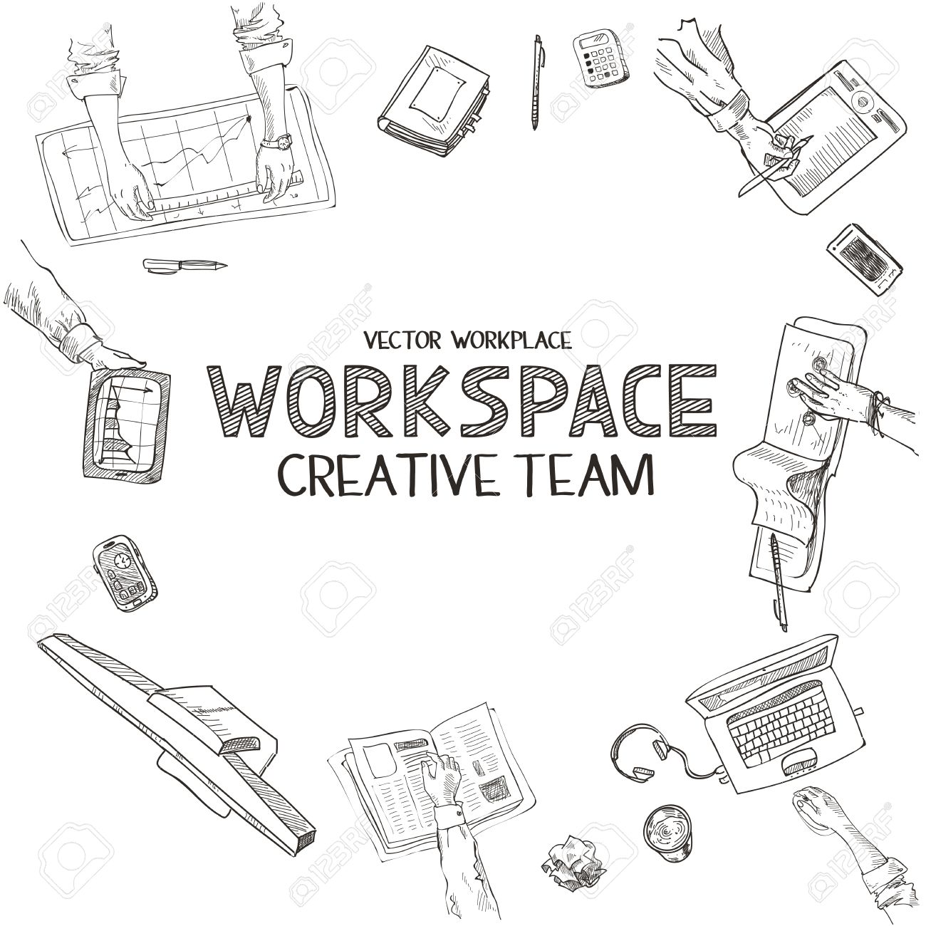 1300x1300 Teamwork, Top View People Hands Sketch Hand Drawn Doodle Office