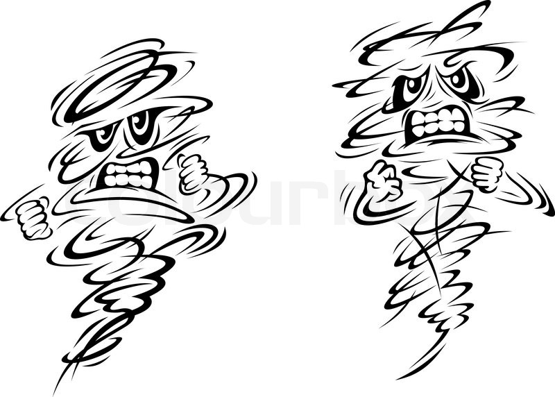 800x572 Angry Tornado And Hurricane Characters On White, Vector Doodle