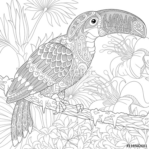 500x500 Stylized Toucan Bird Sitting On Palm Tree Branch Among Hibiscus