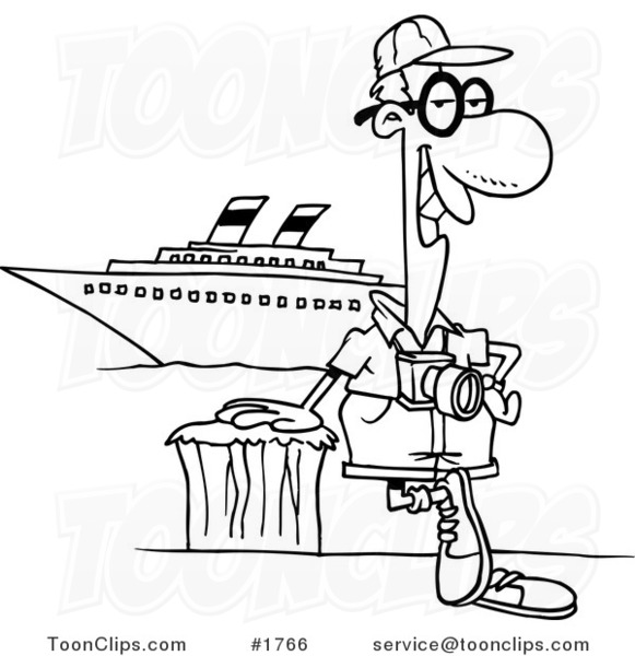 581x600 Cartoon Black And White Line Drawing Of A Cruise Tourist Posing By