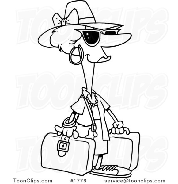 581x600 Cartoon Black And White Line Drawing Of A Female Tourist Carrying
