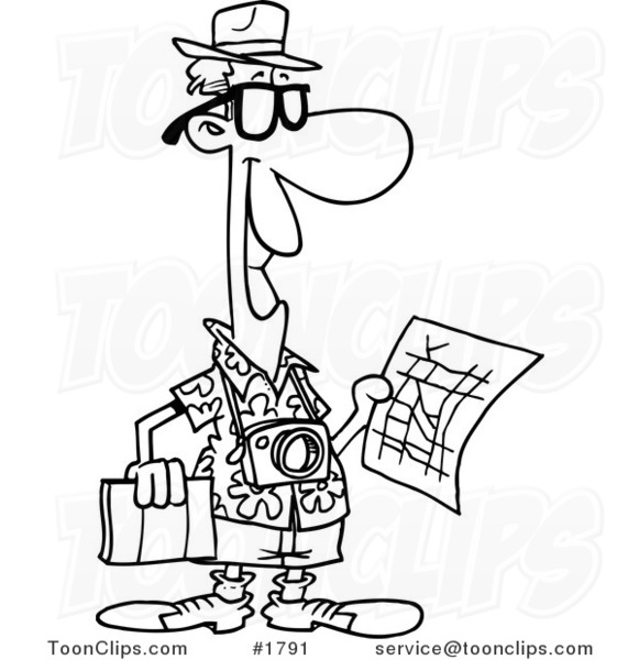 581x600 Cartoon Black And White Line Drawing Of A Tourist Holding A Map