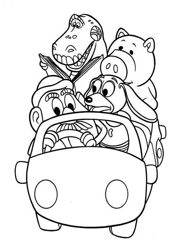 600x840 Woddy's Gang Riding A Car In Toy Story Coloring Page
