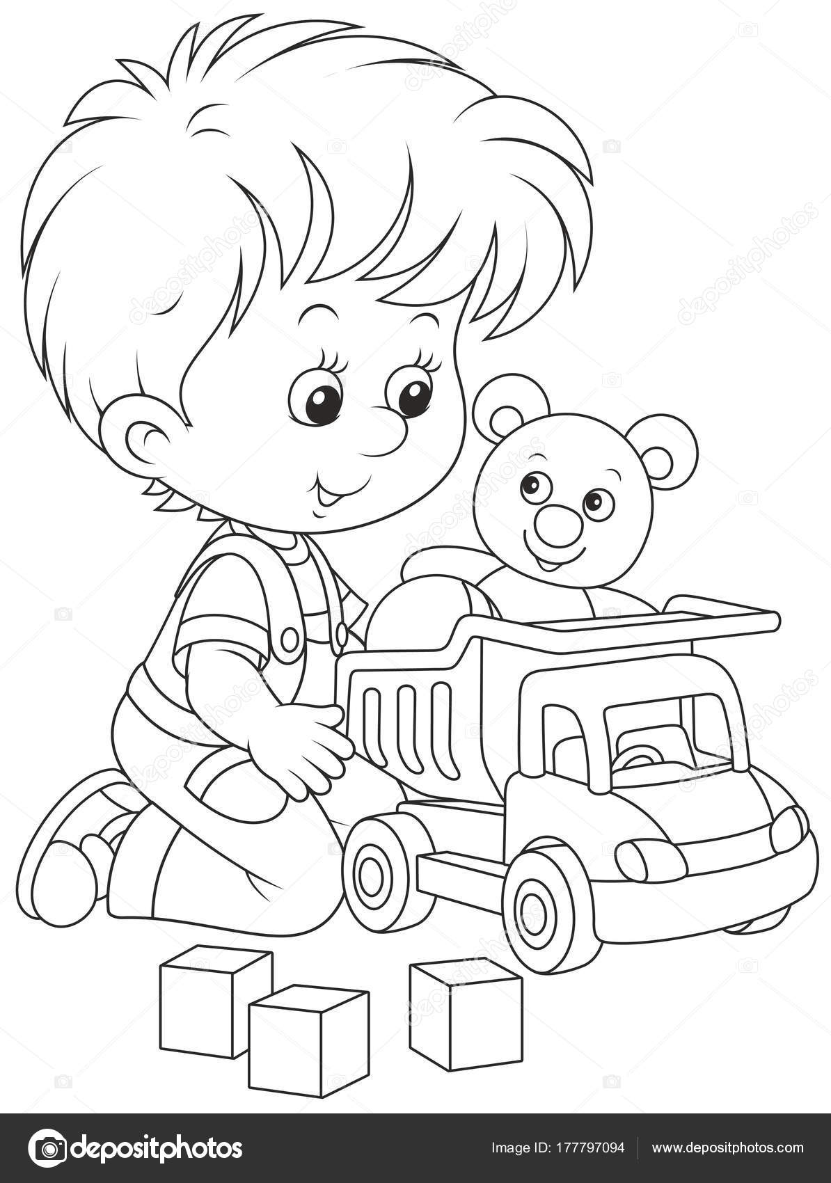 1194x1700 Black White Vector Illustration Little Boy Playing Toy Truck Teddy