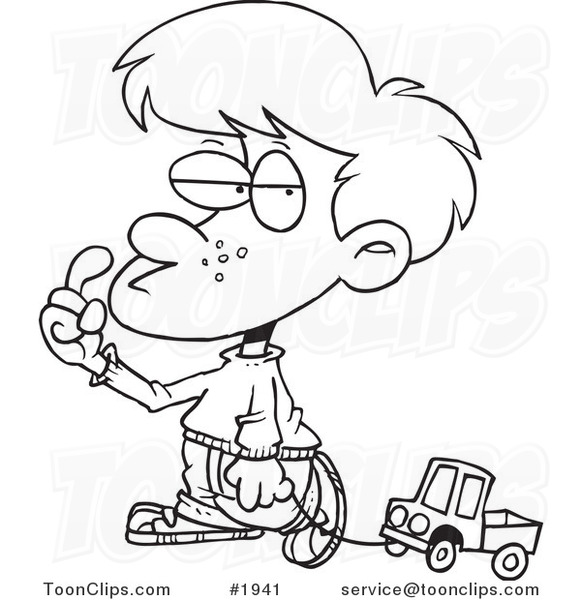 581x600 Cartoon Black And White Line Drawing Of A Boy Pulling A Toy Truck