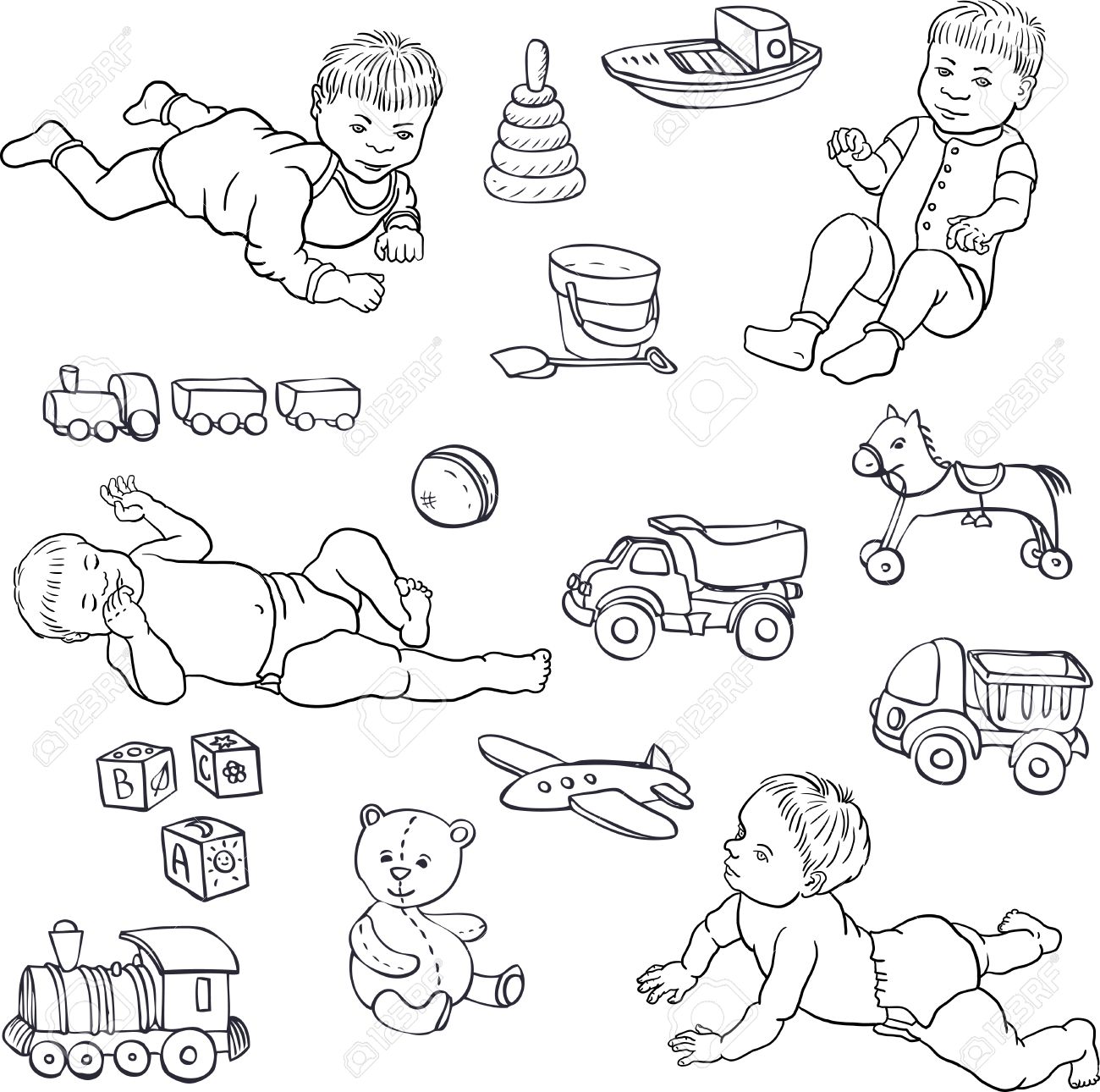 1300x1290 Set Of Line Drawing Babies And Toys, Cars,bear,horce,ball, Cubes