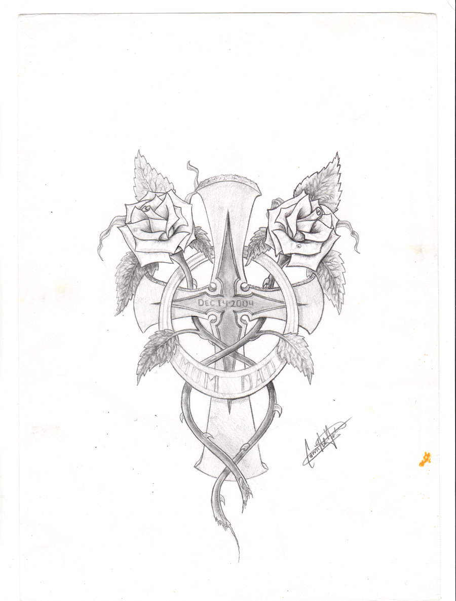 900x1185 Cross Tattoo Two Roses By Massermane