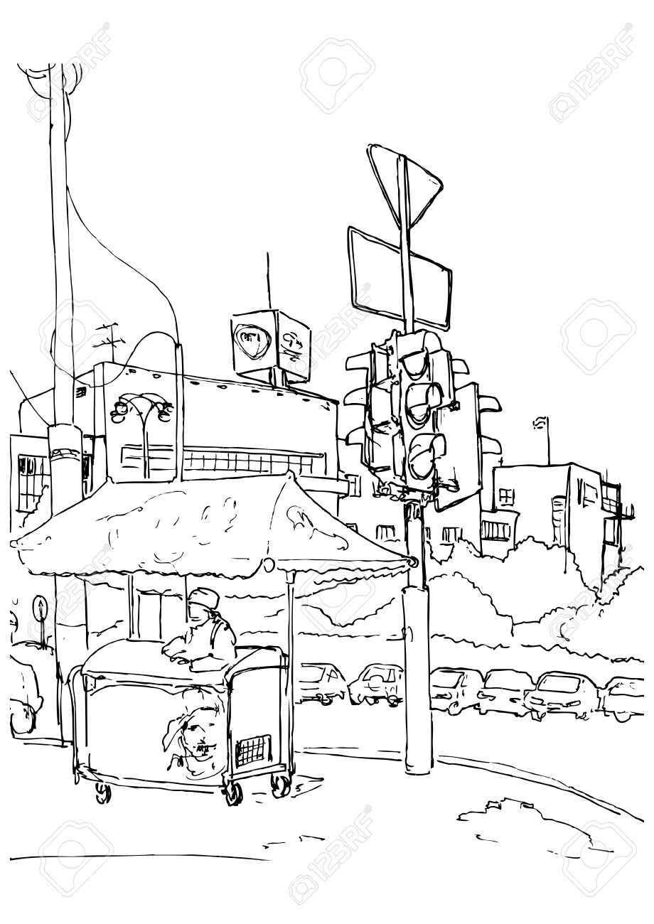 920x1300 Urban Sketch, City Street With Buildings, Cars And Traffic Lights