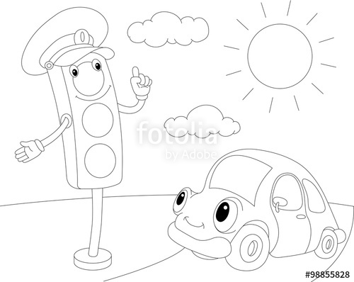 500x398 Cartoon Car And Traffic Lights. Coloring Book For Kids Stock