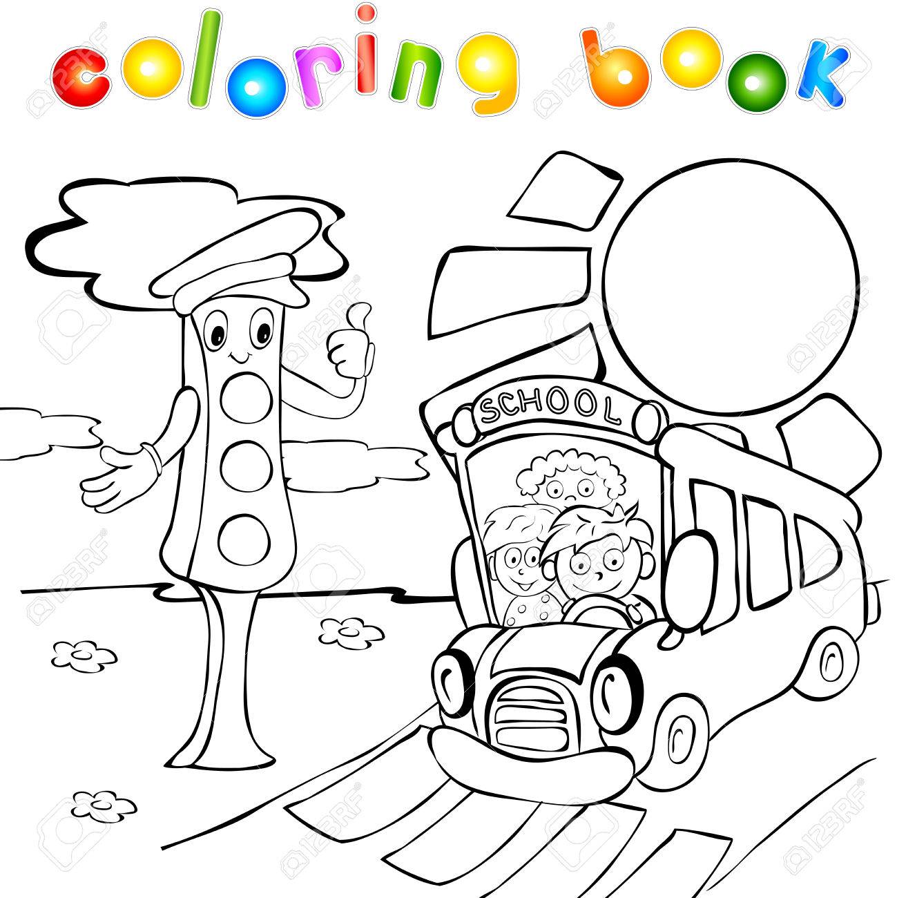 1299x1300 School Bus With Children And Traffic Lights. Funny Vector