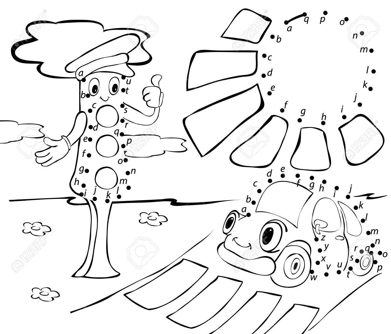 1300x1110 Cartoon Car, Traffic Lights And Sun. Vector Illustration. Coloring