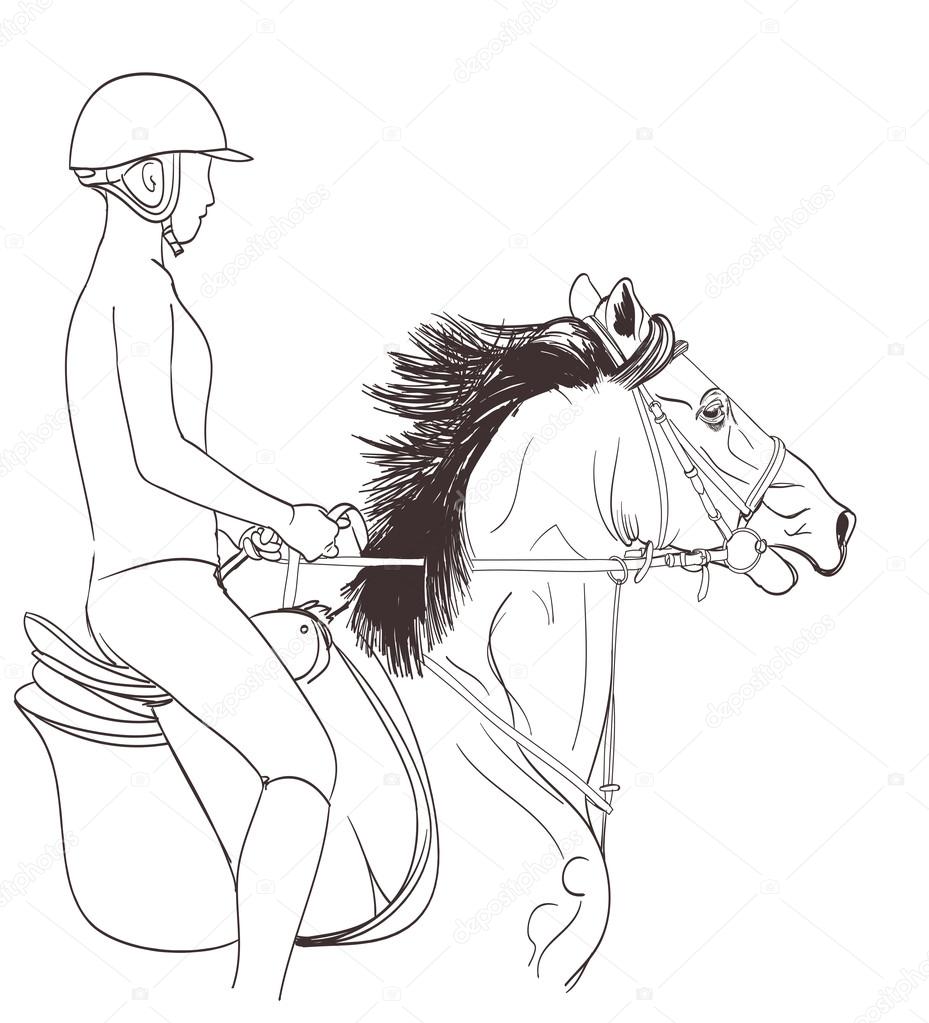 929x1023 Horse Rider Line Art Drawing. Equestrian Sport Training Illustra