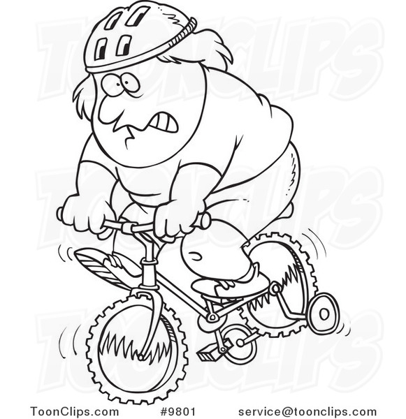 581x600 Cartoon Black And White Line Drawing Of A Chubby Guy Riding A Bike