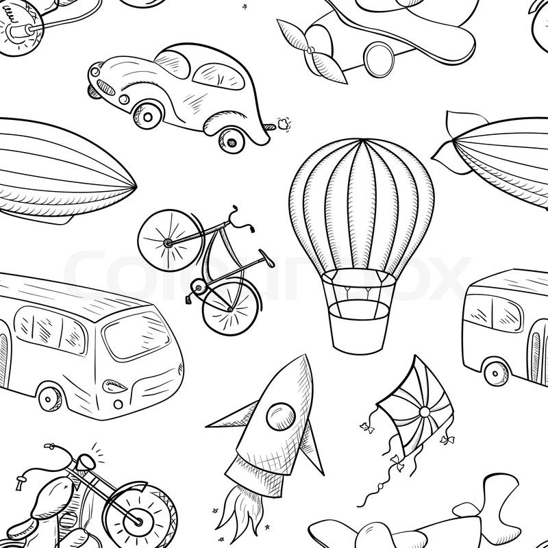 800x800 Sketches Means Of Transport, Black And White Vector Seamless