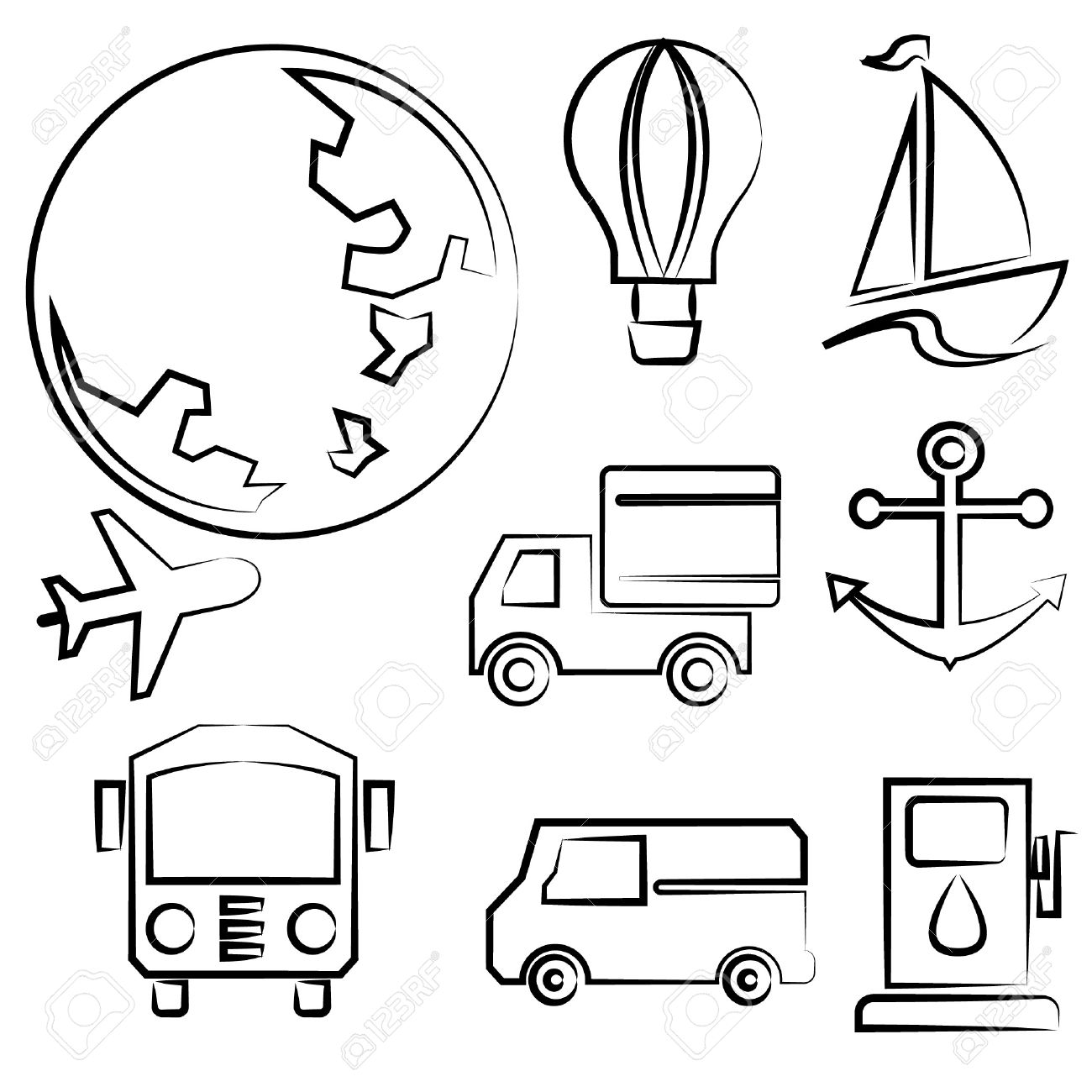 1300x1300 Transportation And Travel Drawing Line Set, Sketch Line Royalty