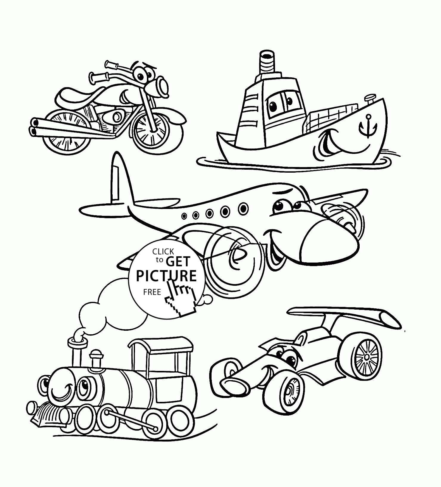 1480x1636 Cartoon Transport Set Coloring Page For Toddlers, Transportation