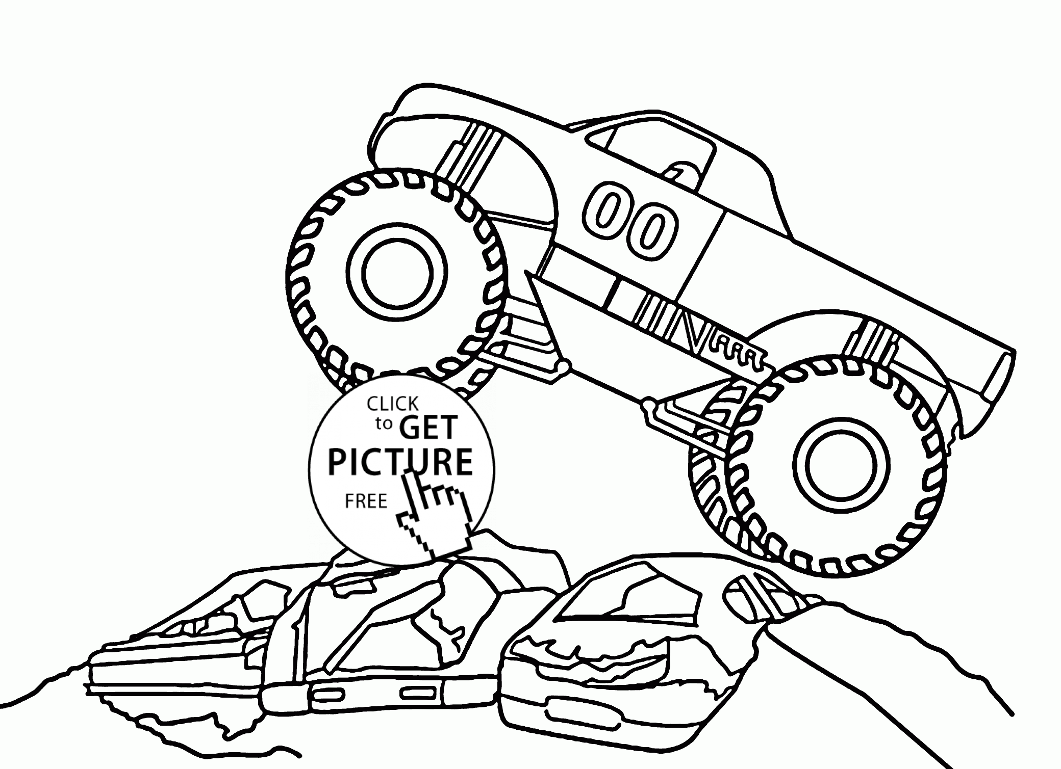 2080x1509 Monster Car Jumps Over Cars Coloring Page For Kids, Transportation