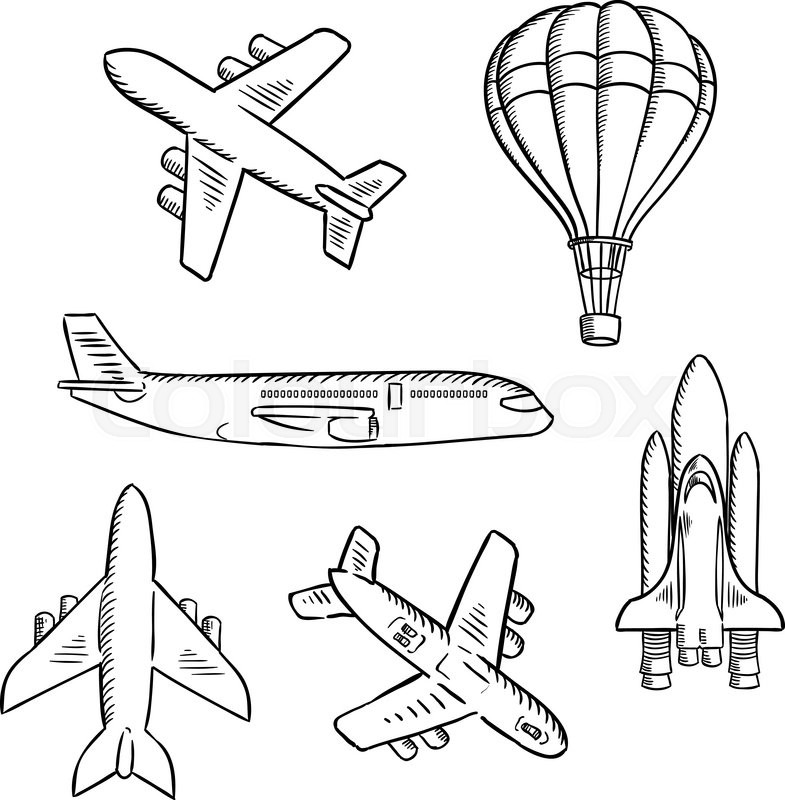 785x800 Air Transport Sketches With Jet Airplane, Cargo Planes, Vintage