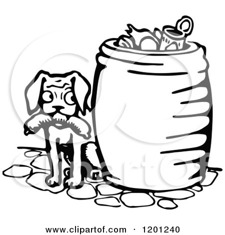 450x470 Clipart Of A Vintage Black And White Dog With Sausage By A Trash