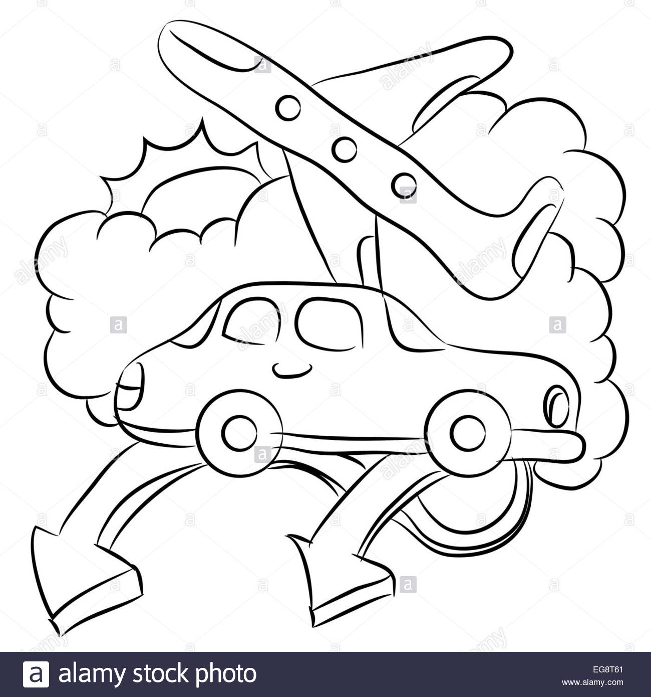 1300x1390 An Image Of A Car And Plane Travel Drawing Stock Photo, Royalty