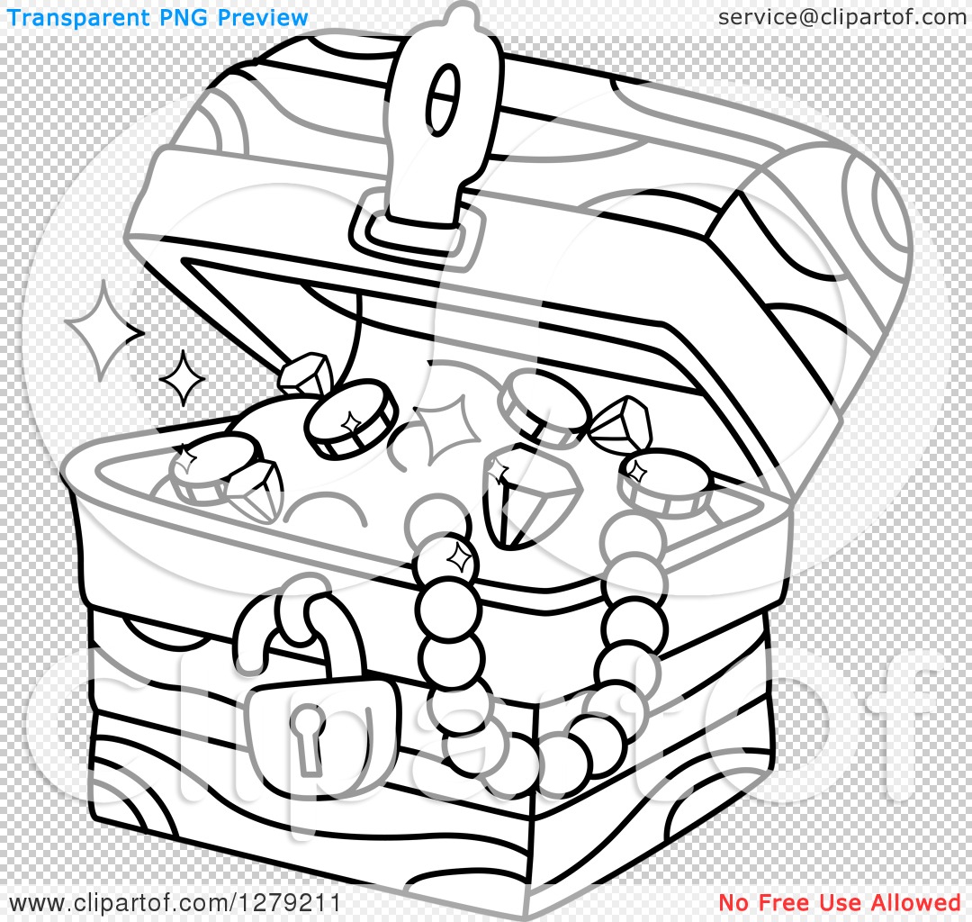 1080x1024 Clipart Of A Black And White Treasure Chest Full Of Jewels