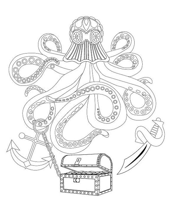 570x713 Fantasy Octopus With Treasure Chest Anchor Amp Pirates Sword