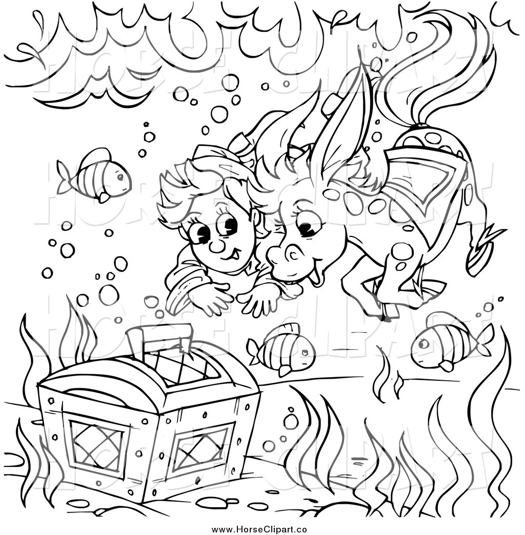 1024x1044 Clip Art Of A Black And White Boy And Horse Swimming To A Treasure