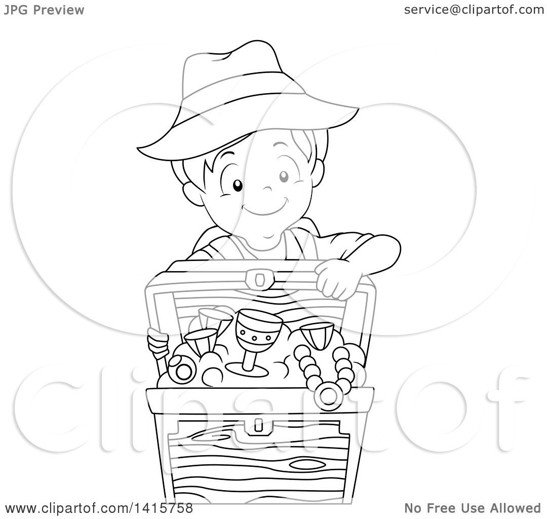 1080x1024 Clipart Of A Black And White Lineart Boy With A Treasure Chest