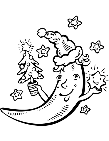 371x480 Cartoon Crescent Moon With Christmas Tree Coloring Page Free